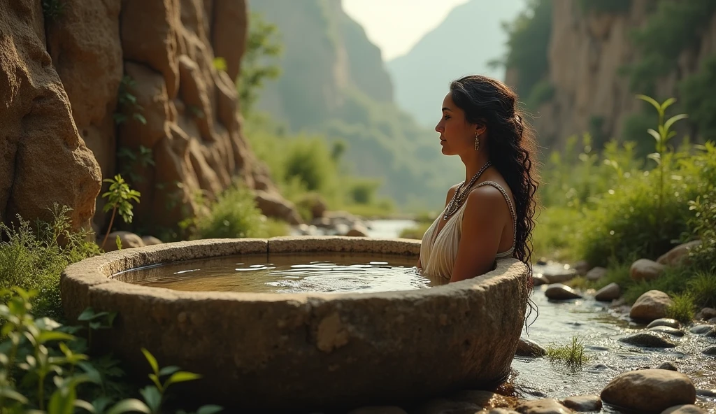 (best quality: 1.4), (Ultra Highres: 1.2), (photorealistic: 1.4), (8k, RAW photo: 1.2). The description of the Samaritan woman's physical appearance is not detailed in the biblical narrative, but her Samaritan origin suggests that she likely had similar characteristics to other people in the region, the story of the Samaritan woman, she is bathing in an ancient bathtub