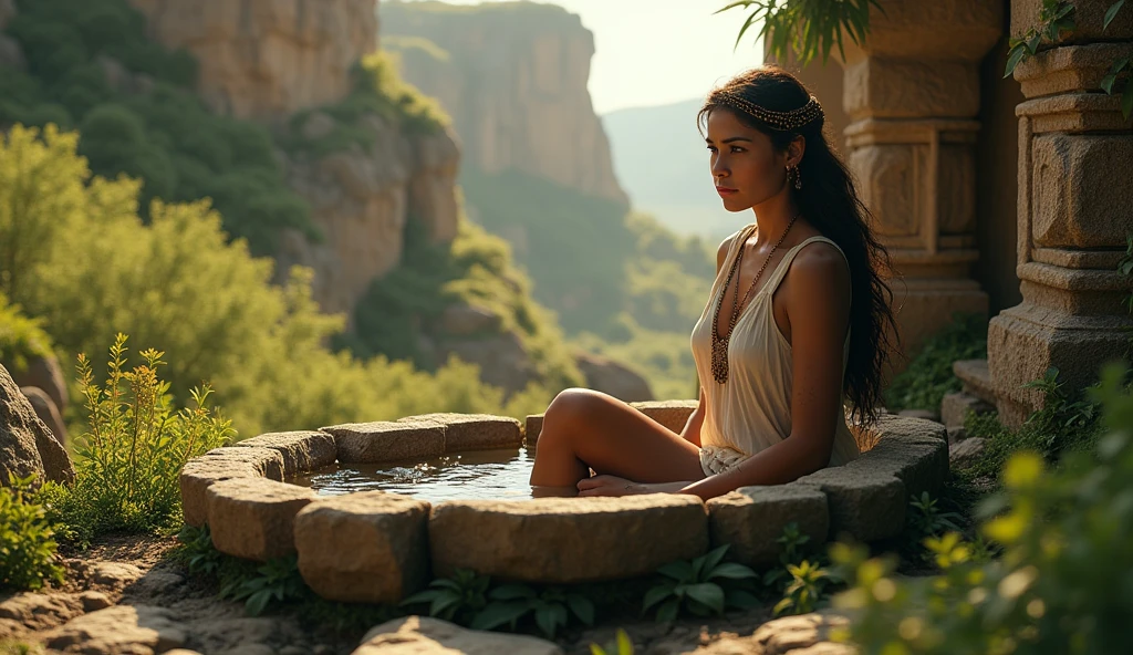 (best quality: 1.4), (Ultra Highres: 1.2), (photorealistic: 1.4), (8k, RAW photo: 1.2). The description of the Samaritan woman's physical appearance is not detailed in the biblical narrative, but her Samaritan origin suggests that she likely had similar characteristics to other people in the region, the story of the Samaritan woman, she is bathing in an ancient bathtub