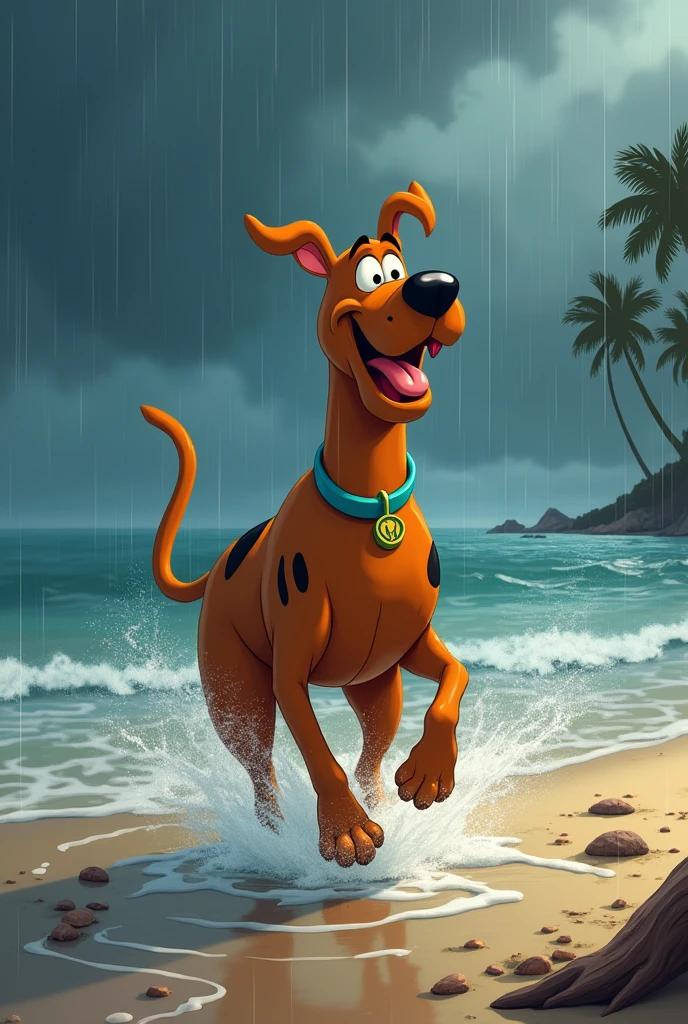 (Scooby Doo, four footed realistic dog with dog penis) standing on a deserted beach