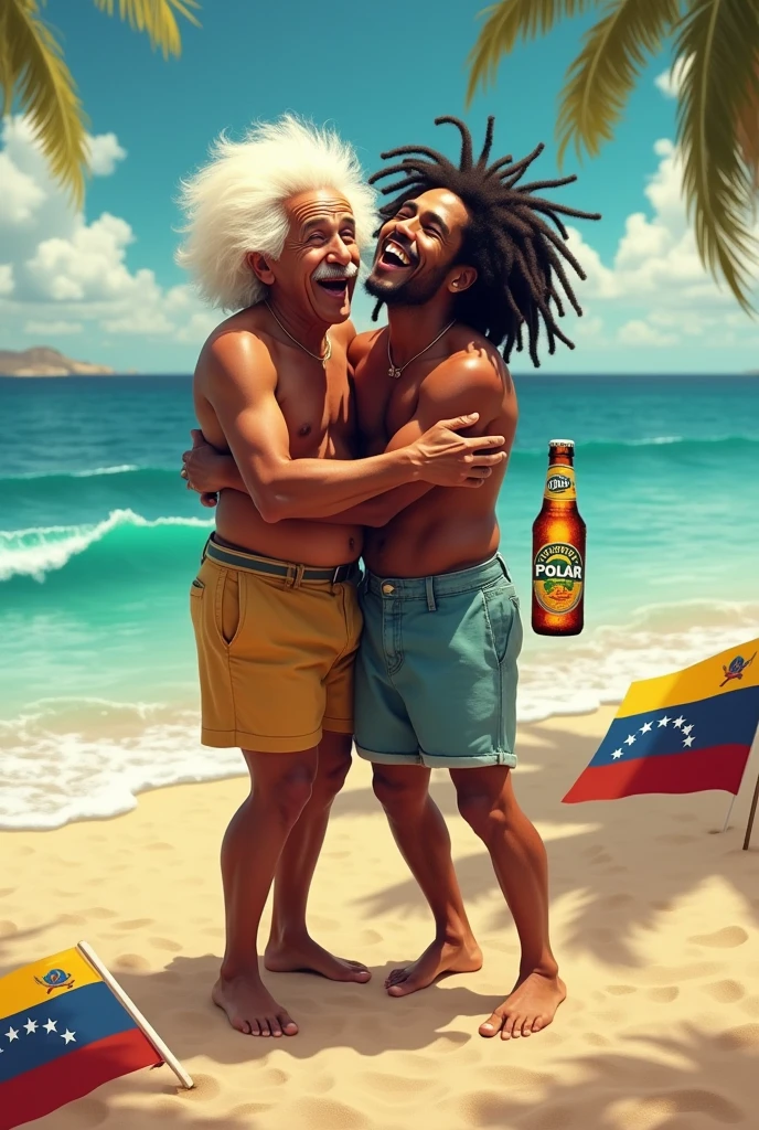 Albert Einstein Bob Marley hugging on the beach in shorts with a bottle of beer in hand that says polar and the flag of Venezuela lying on the sand