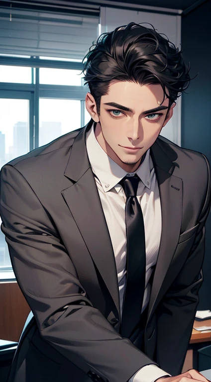 (Highest quality,4K,8K,High resolution,masterpiece:1.2),Super detailed,(Realistic,photoRealistic,photo-Realistic:1.37),1 person,35 years old,Mature Men,Beautiful skin、very handsome,Expressionless,Short gray Black hair,green eyes,Sharp Eyes, CEO in his office, huge with classic and modern architecture looking at his prey with a mischievous smile. A perfect face without a doubt,Businessman, CEO, Office Background,Cinema Lighting,HDR image,tie、