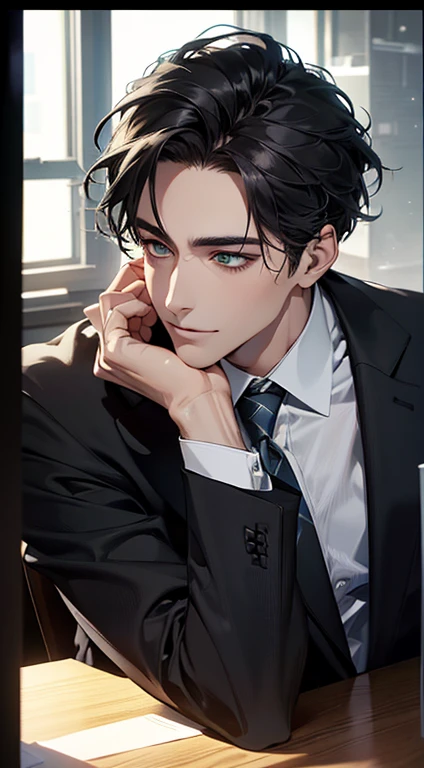 (Highest quality,4K,8K,High resolution,masterpiece:1.2),Super detailed,(Realistic,photoRealistic,photo-Realistic:1.37),1 person,35 years old,Mature Men,Beautiful skin、very handsome,Expressionless,Short gray Black hair,green eyes,Sharp Eyes, CEO in his office, huge with classic and modern architecture looking at his prey with a mischievous smile. A perfect face without a doubt,Businessman, CEO, Office Background,Cinema Lighting,HDR image,tie、