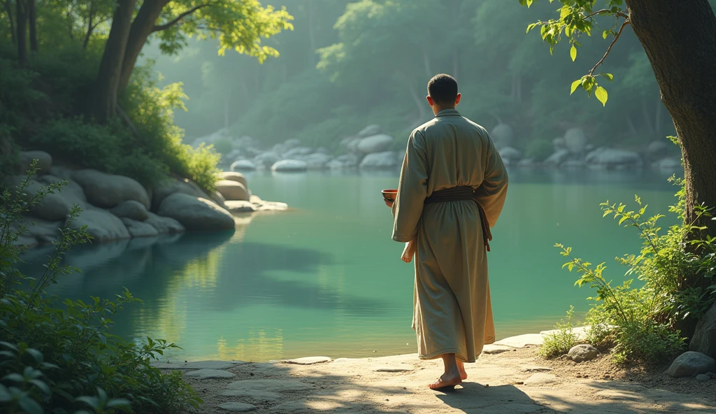 Disciple took a small bowl and walked towards the pond