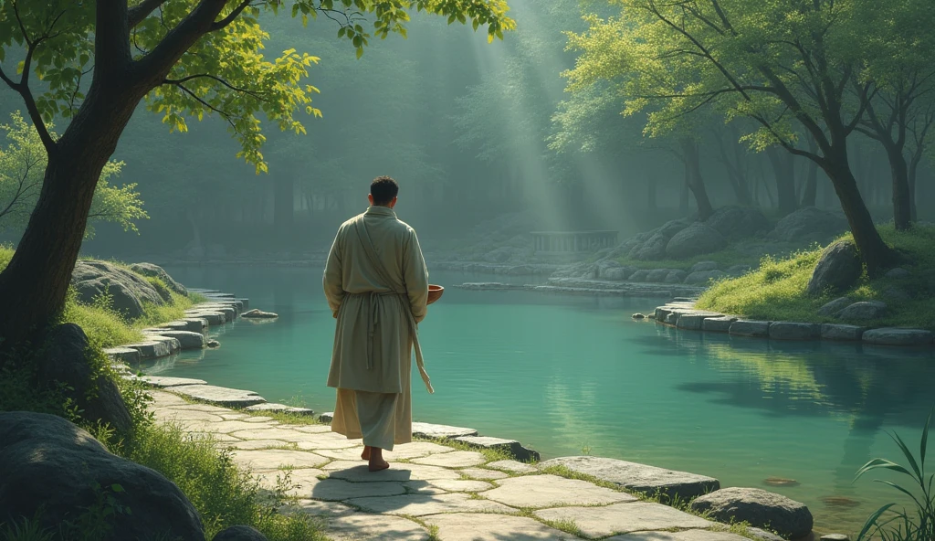 Disciple took a small bowl and walked towards the pond