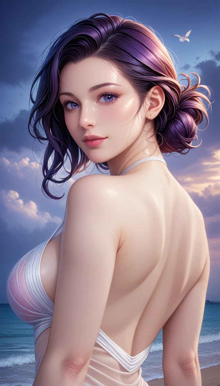 score_9, score_8_superior, score_7_superior, High resolution 3D anime style,A masterpiece in 32K resolution,Highest quality,it is really amazing,Very detailed,Ultra-high resolution,Ultra-realistic,Realistic,Increased depth of field,Cinematic lighting,
Elegant mature Japanese woman,
black straight medium hair,Ultra-detailed and beautiful face,Calm and gentle look,Translucent white skin,Realistic skin texture,Great proportions,
Elegant swimwear,
Summery design,Chic color scheme,Beautiful and delicate decoration,Detailed fabric texture,
Overcast night sky,Dark Clouds,Thundercloud,Coastline at night,Stormy seas,delay々A desolate sandy beach that continues,
Cinematic,Beautiful back view,