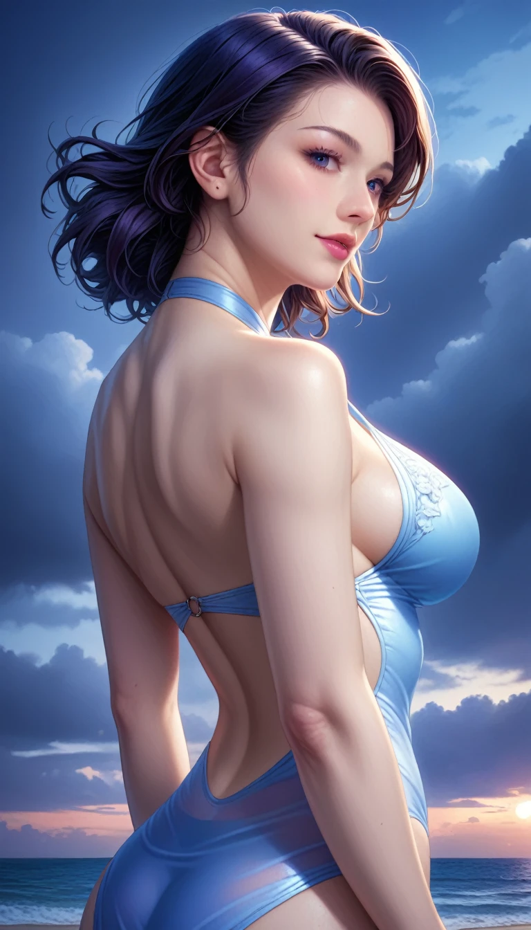 score_9, score_8_superior, score_7_superior, High resolution 3D anime style,A masterpiece in 32K resolution,Highest quality,it is really amazing,Very detailed,Ultra-high resolution,Ultra-realistic,Realistic,Increased depth of field,Cinematic lighting,
Elegant mature Japanese woman,
black straight medium hair,Ultra-detailed and beautiful face,Calm and gentle look,Translucent white skin,Realistic skin texture,Great proportions,
Elegant swimwear,
Summery design,Chic color scheme,Beautiful and delicate decoration,Detailed fabric texture,
Overcast night sky,Dark Clouds,Thundercloud,Coastline at night,Stormy seas,delay々A desolate sandy beach that continues,
Cinematic,Beautiful back view,