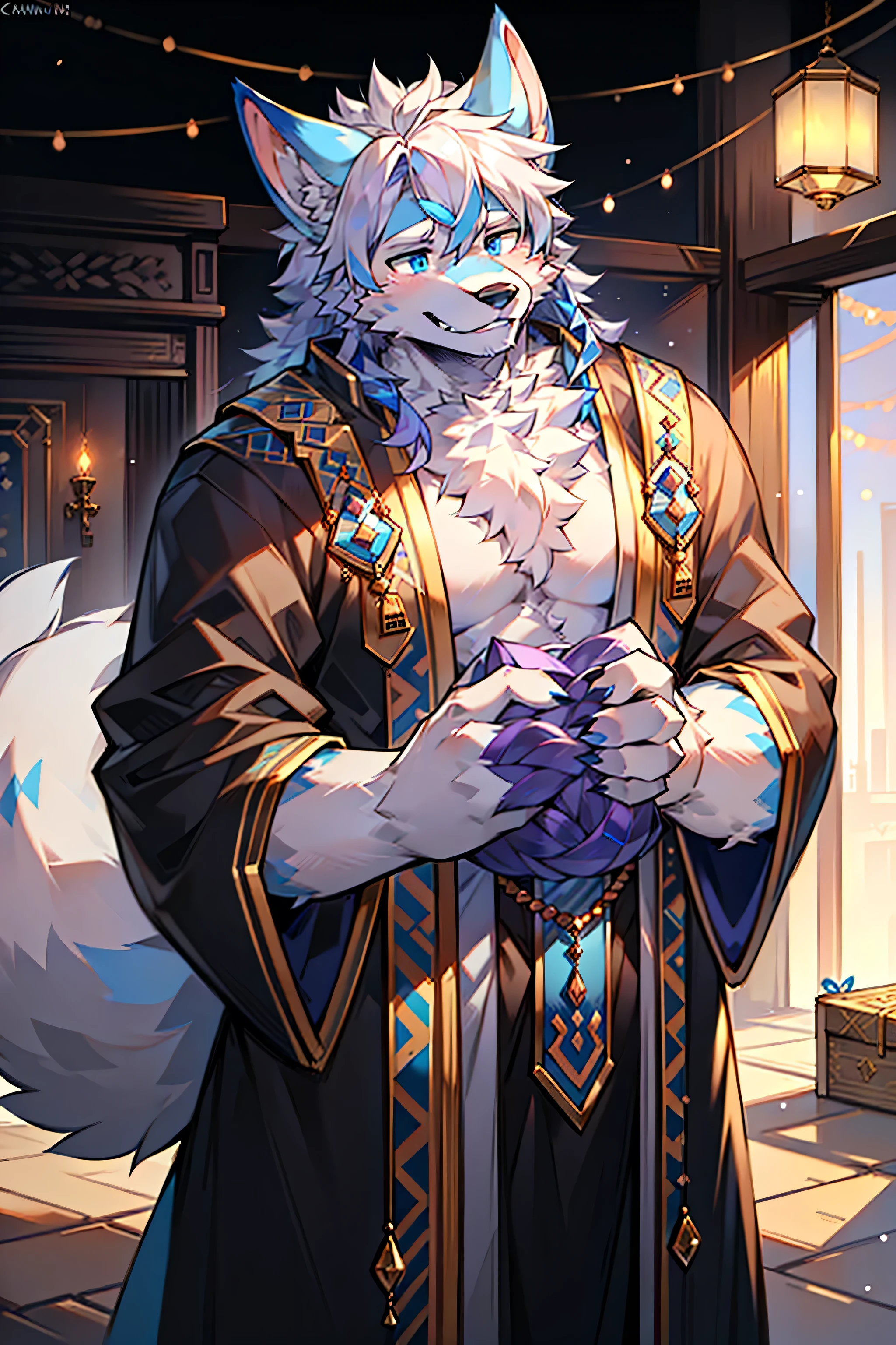 Unique characters，Hairy Male，Hairy chest，prairie wolf，Canines，Blue and white fur，Long white hair，Purple hair ends，Bright blue eyes，Being bullied，charming，Handsome，Big Tail，Full body male love，High Priest，Wearing a robe，Happy New Year，Portable chandelier，Delicate face，Holding traditional Spring Festival items
