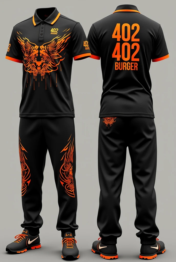 Design a complete uniform for a burger restaurant called 402 BURGER with an urban style, Black with small orange details, polo shirt and jogger pants that are disruptive innovation, that have a tribal with the word 402 BURGER on the shirt and that have a doll of the brand on the back