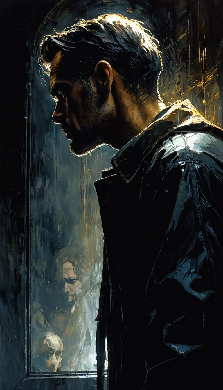 life, between shadows, oil painting, chiaroscuro, dramatic lighting, moody atmosphere, photorealistic, intricate details, masterpiece, ultra-detailed, high quality, 8k, best quality, realistic, cinematic, dark and brooding, expressionistic, powerful composition, emotional impact, Bill Sienkiewicz inspired art