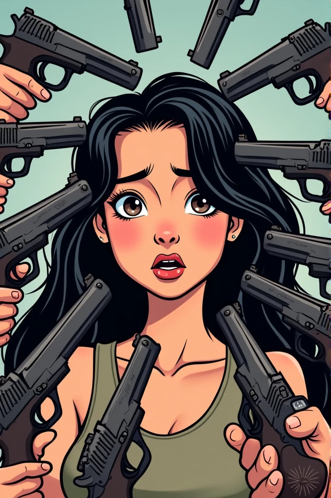 A brunette with long black hair being pointed at by many guns, in cartoon format