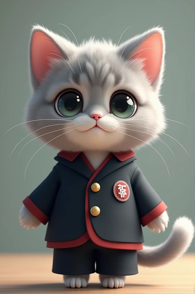 "A cute gray cat wearing a Japanese school uniform (gakuran). The cat has soft fur and big, expressive eyes. The gakuran is dark, with gold buttons and a standing collar, fitting snugly on the cat. The background is simple and neutral, making the cat the focus of the image
