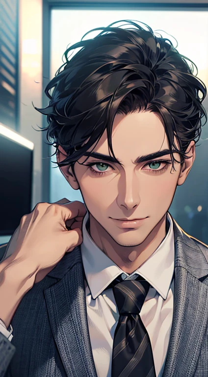 (Highest quality,4K,8K,High resolution,masterpiece:1.2),Super detailed,(Realistic,photoRealistic,photo-Realistic:1.37),1 person,35 years old,Mature Men,Beautiful skin、very handsome,Expressionless,Short gray Black hair,green eyes,Sharp Eyes, CEO in his office, huge with classic and modern architecture looking at his prey with a mischievous smile. A perfect face without a doubt,Businessman, CEO, Office Background,Cinema Lighting,HDR image,tie、