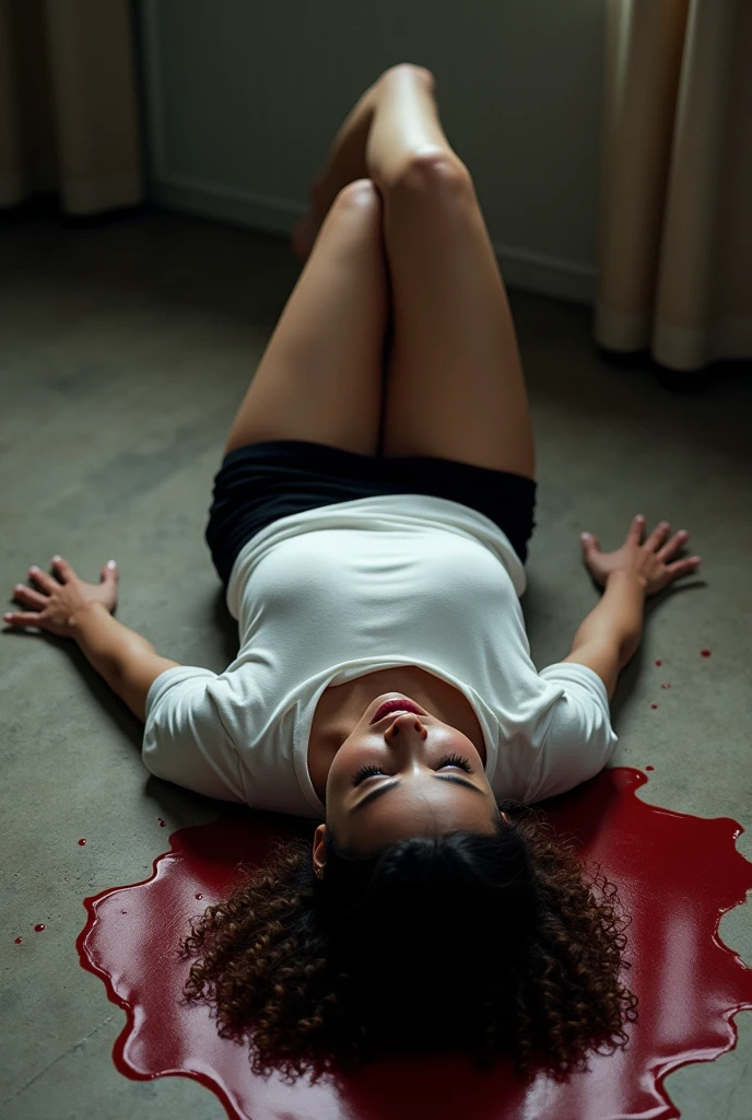 (photorealism:1.2), beautiful and hot murdered woman, curly hair, beautiful body and legs, beautiful nose, thin face details, beautiful face, Closed eyes, like dead on floor, lying, sexy pants white t-shirt and Black shorts, hiper realistic, hiper detailed, she is falled out with 1 gun shot in head, blood near The body
