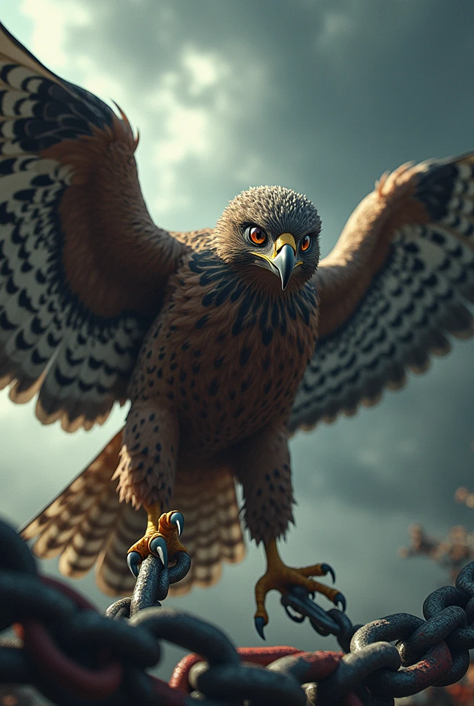 Angry falcon breaking chains with its paws