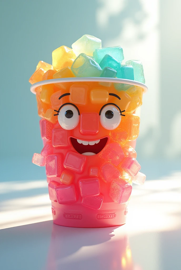 Animated disposable cup made of colored jelly cubes
