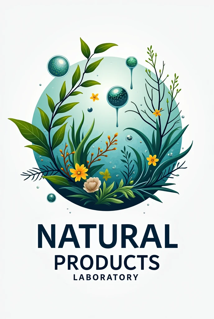 Logo of the Natural Products and Organic Synthesis Laboratory, that has plants, Marine organisms, microorganisms, organic molecules in 3D, Let the word LPN natural products laboratory come out