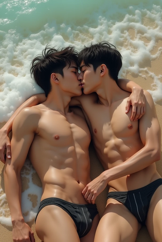 2 young muscular Asian male Korean idols , wearing underwear, big bulge, lying on his back on the beach, kissing and hugging each other passionately. 