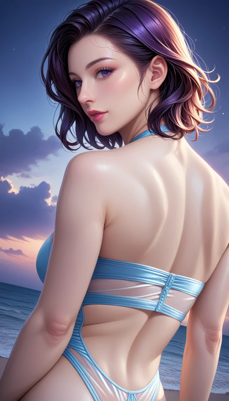 score_9, score_8_superior, score_7_superior, High resolution 3D anime style,A masterpiece in 32K resolution,Highest quality,it is really amazing,Very detailed,Ultra-high resolution,Ultra-realistic,Realistic,Increased depth of field,Cinematic lighting,
Elegant mature Japanese woman,
black straight medium hair,Ultra-detailed and beautiful face,Calm and gentle look,Translucent white skin,Realistic skin texture,Great proportions,
Elegant swimwear,
Summery design,Chic color scheme,Beautiful and delicate decoration,Detailed fabric texture,
Overcast night sky,Dark Clouds,Thundercloud,Coastline at night,Stormy seas,delay々A desolate sandy beach that continues,
Cinematic,Beautiful back view,
