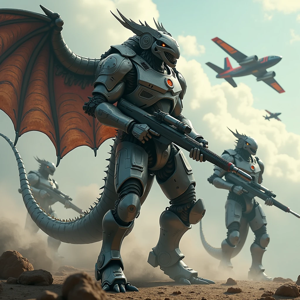 (dragon terminator cyborg in armor with weapons (blaster 1.2)), (3 bodies 1.3), Full body image, (complex elements), (Cyberpunk Style 1.5), (futurism 1.2), there is war in the background, (planes are flying, spaceships)