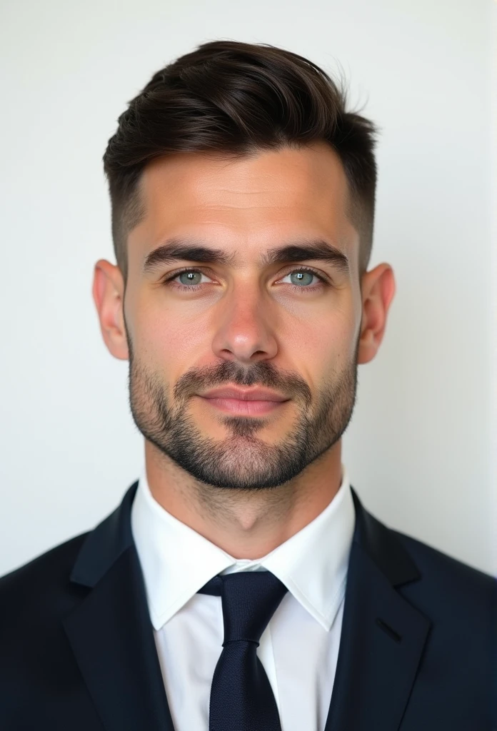 Create a realistic passport-style photo of a man in his 30s, with dark brown hair, a normal build, and light stubble. The man should be wearing a formal suit with a tie, and the background should be plain white, adhering to passport photo requirements. His hair should be in a neat military cut, with the top trimmed to a number five clipper length and the sides to a number three—short enough that the hair cannot be combed. He should have a neutral expression, without smiling. The image should resemble a real photograph taken in a professional studio.