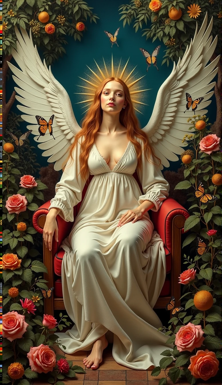 Create random replicas of the classic historical masterpieces of Leonardo da Vinci in 'The Last Supper' superhit painting style, Ultra-High Definition, 64k resolution oil painting without a frame, using full dimensions of the selected resolution to fit the artwork image, medieval era innocent looks, finely detailed to perfection, art-punk, Arabic style, countryside background, art germ, high-octane. A portrait of a Rainbow of Butterflies and Daffodils with a beautiful virgin goddess nymph winged angel in the Garden of Heaven in the Paradise, goddess nymph winged angel is a Blessed Cosmic Virgin Heavenly Bride of Holy Christ and is an exact replica of the sketch of a supermodel Mona Lisa, happy smiling face, Sitting on a Queen's luxurious Heavenly Cushioned Chair of Paradise, Vatican looks and style, a precise copy of the conceptual  legendary colorful Garden of Heavenly Paradise with rainbow hummingbirds and  butterflies flying around, red roses and daffodils in the Heavenly Garden of Paradise with colorful random fruits on trees, a sketch of hummingbirds, butterflies, roses and daffodils is created with attention to the minutest detail, an unreal engine, ultimate beauty pro max, a quantum leap in artwork, magnificent miracle, unmatched quality, unmatched style, uniqueness to perfection, relaxed, bingo, illuminated, radiated with light, magnetic, extraordinary, a master stroke of a legendary brush, the artwork of a genius, a perfect sense of proportion and judgment, a tribute to a legendary master artist, super realistic, superhit, random dynamic poses, random smiling styles, random makeups, and random styles, vibrant 256k colors, ultimate art, extraordinary level portrait painting, master craftsmanship of sketching beautiful human female hands with strictly 4 symmetrical natural fingers on each hand in extremely minutest detail of care applied, GEFORCE RTX GPU magic, artwork for British Isles and French market customers, Professional commercial painting