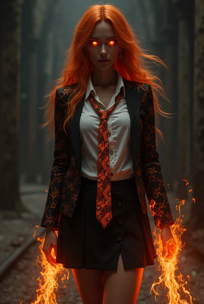 a dark-skinned woman with long, wavy red hair with orange highlights; she wears a sleeveless button-down blouse, over it she wears a black open blazer with flame patterns, she wears a tie made of flames, she wears a black miniskirt and underneath she wears black knee-length pants. She is barefoot, her eyes are orange