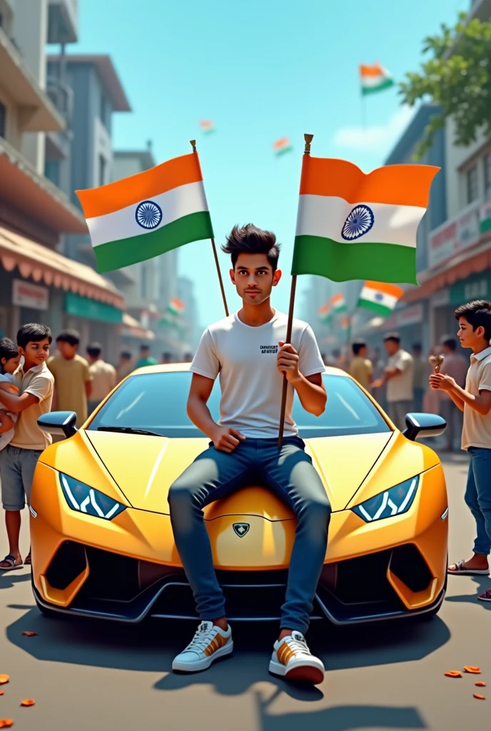 realistic Indian 18 year old boy sitting on Lamborghini car Holding Indian flag and celebrating India festival happy independence day with background of blue sky in Indian Street boy wearing pant, white t-shirt with name is”Prakash”style hair on it by the way childrens are holding Indian flag playing round, smart, shoes, some children also playing, and someuncles drinking tea at a shop. also a text written “Happy independence day”at top, 3D art painting real photo wit high resol