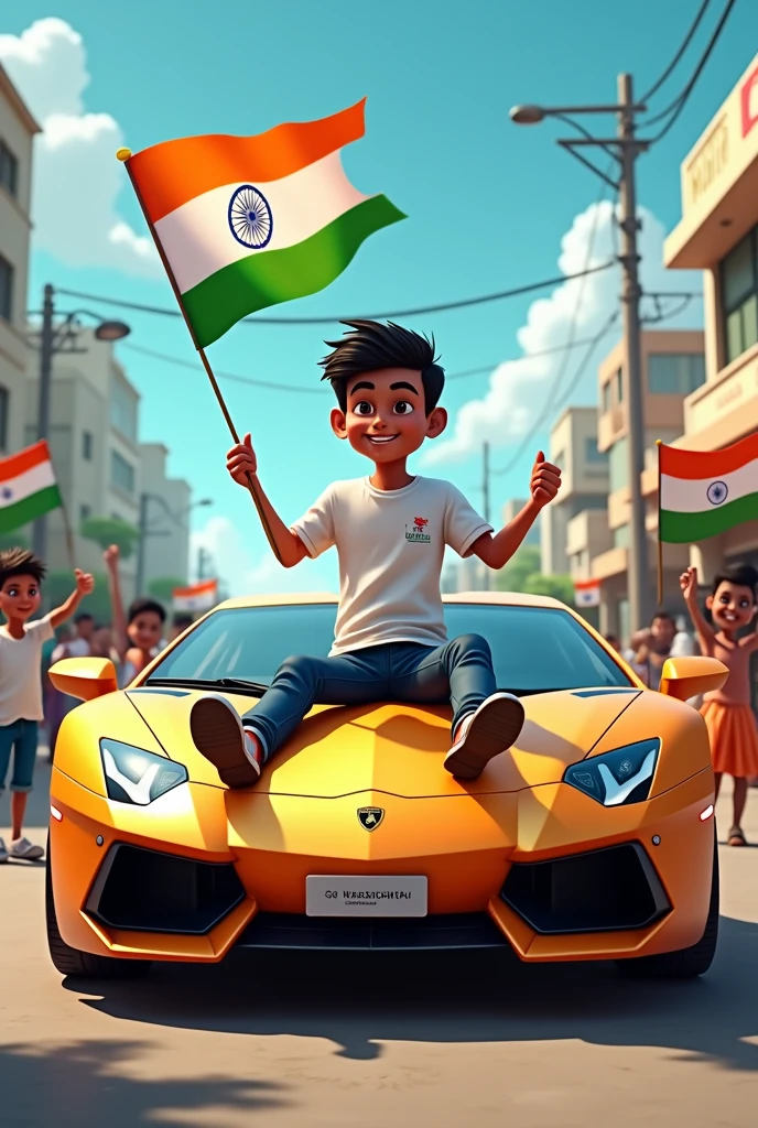 realistic Indian 18 year old boy sitting on Lamborghini car Holding Indian flag and celebrating India festival happy independence day with background of blue sky in Indian Street boy wearing pant, white t-shirt with name is”Prakash”style hair on it by the way childrens are holding Indian flag playing round, smart, shoes, some children also playing, and someuncles drinking tea at a shop. also a text written “Happy independence day”at top, 3D art painting real photo wit high resol