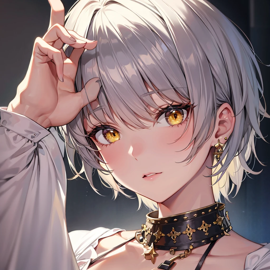 short hair, earrings, yellow eyes, , 1 girl,
