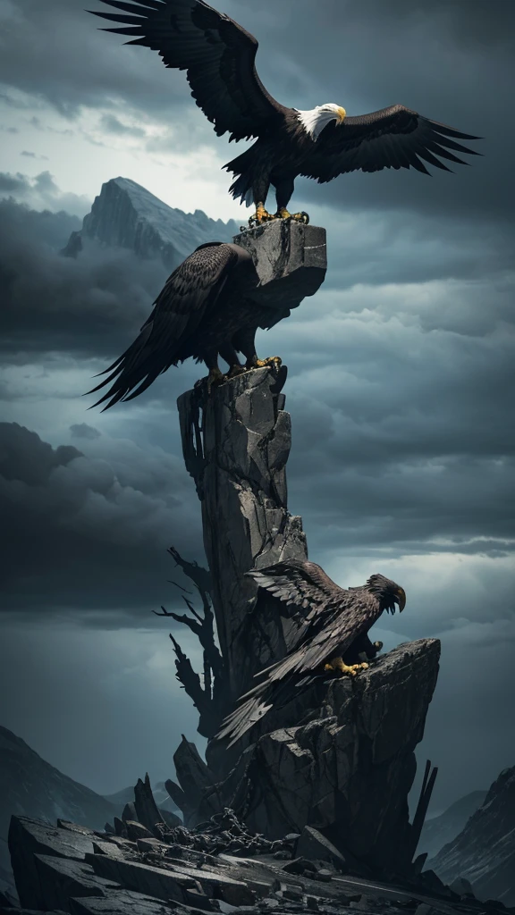 Prometheus, the Titan, is depicted chained to a massive, jagged rock in a desolate, mountainous landscape. His body is muscular and weary, with chains binding his wrists and ankles, securing him tightly to the rock. His face shows a mixture of pain and defiance. Two large, menacing eagles are perched on him, tearing into his liver with sharp beaks and talons. Blood drips from the wounds, highlighting the brutality of the punishment. The sky above is stormy, with dark clouds swirling, adding to the ominous atmosphere. The entire scene is painted in dark, muted tones, emphasizing the agony and despair of the moment.