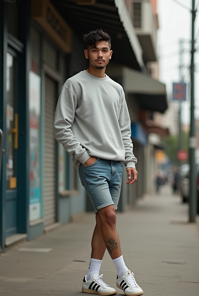 A 24-year-old white male with slight Asian ancestry, short black hair, slightly curly, with an Undercut cut, eyes browns, sem beard, Very beauthful, Scrawny, with small tattoos spread across his arms, wearing a sweatshirt with a wide hat, a pair of denim shorts that go below the knees, with sock, on foot wearing a black adidas samba, posing for a spontaneous photo, in front of a random store in the middle of a street in São Paulo 