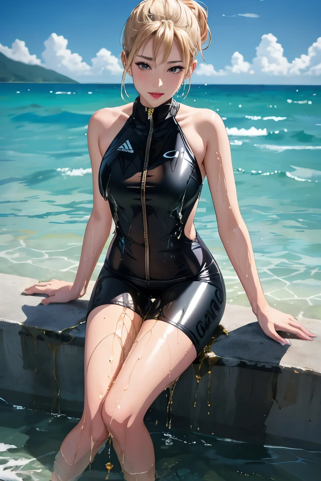 anime, best quality, high quality, highres, beautiful women, tanned gyaru, blonde hair, high detail, good lighting, lewd, hentai, (((wet bike shorts))), ((wet clothes)), ((soaking wet)), ((wetlook)), bare thighs, nice legs, (((wetting herself))), (((peeing herself))), (((peeing self))), pee streaming down legs, peeing stain, (puddle), (thick thighs), nice long legs, lipstick, detailed face, pretty face, seductive face, aroused, sexually excited, ((in the ocean at public beach))