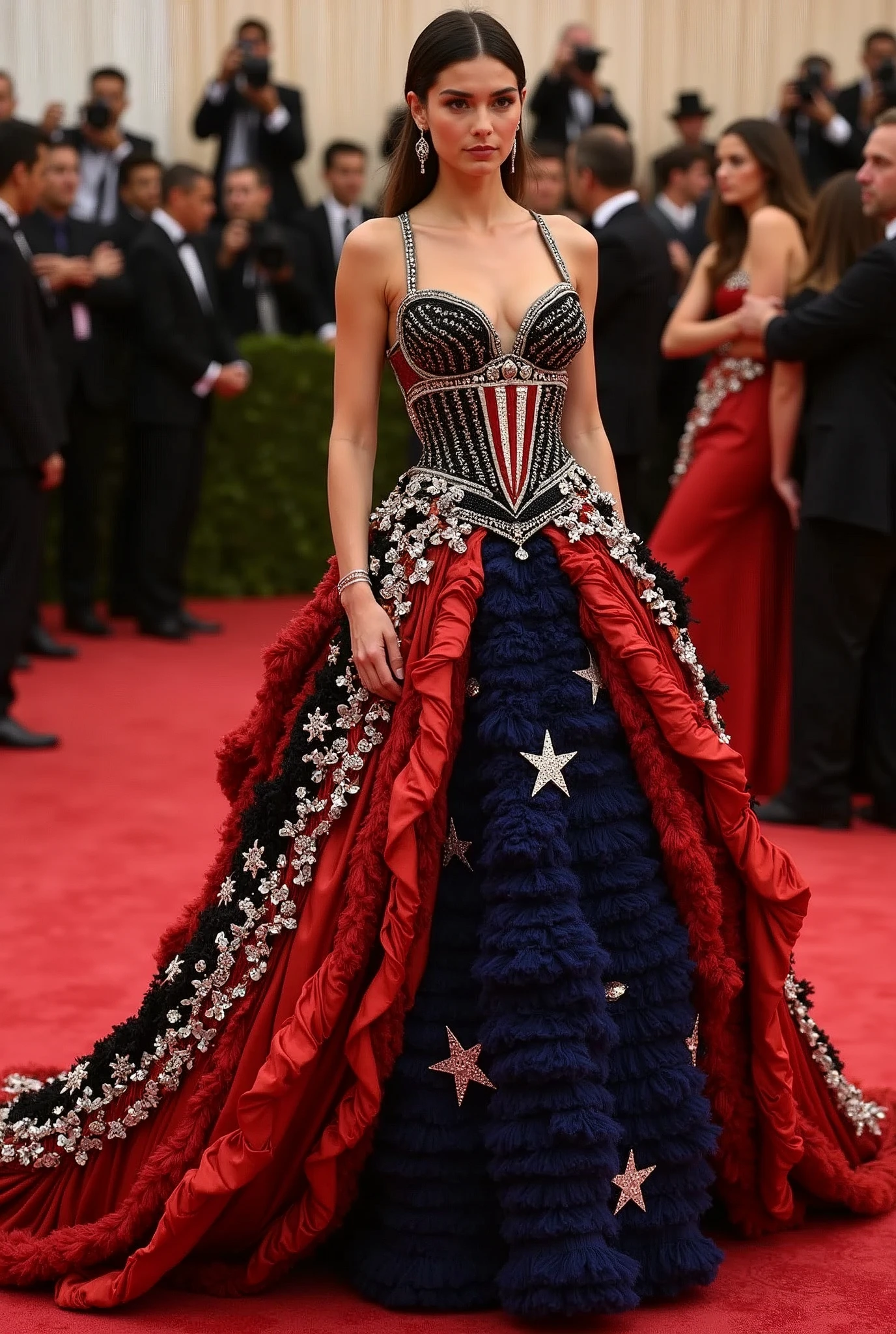 create the most perfect and iconic dress for the met gala with the theme:  "In America: A Lexicon in Fashion" 
signed by Versace, the perfect dress would be a bold and luxurious statement that celebrates the influence of American fashion, while embodying Versace&#39;s signature style. This dress would be a mix of American cultural icons and the brand&#39;s unmistakable glamour., creating a memorable and sophisticated impact. Let&#39;s detail what it would be like:

Estrutura e silhuette:
silhuette: The dress would have a dramatic, sculptural silhouette, typical of Versace, with a combination of sensuality and structure. Imagine a dress that starts with a fitted corset, accentuating the waist and highlighting the figure, and unfolds into a voluminous, flowing skirt. The silhouette would highlight both elegance and visual impact, with a style that mixes the glamorous and the audacious.

Structure Details: The top could have a corset-inspired design, but with a modern approach, using luxurious fabrics such as satin or brocade. The skirt could have a layered structure with different textures to create depth and movement..

Fabrics and Textures:
Main Fabrics: Versace is known for using lush, high-quality fabrics., then the dress would be made of silk, velvet and satin. Using metallic materials like gold or silver lamé would add a touch of glamour and sophistication..

Additional Detail: The inclusion of varied textures, such as fringes or embroidery in gold and silver, could reference the cultural richness and brilliance of America. Fabrics such as lace and chiffon could be used to create layers of visual interest and movement..

Details and Adornments:
Embroidery and Applications: The dress would feature detailed embroidery that could include iconic motifs from American culture., como estrelas, stripes and patterns inspired by the US flag. These details could be made with gemstones or crystals for added sparkle..

Design Inspir