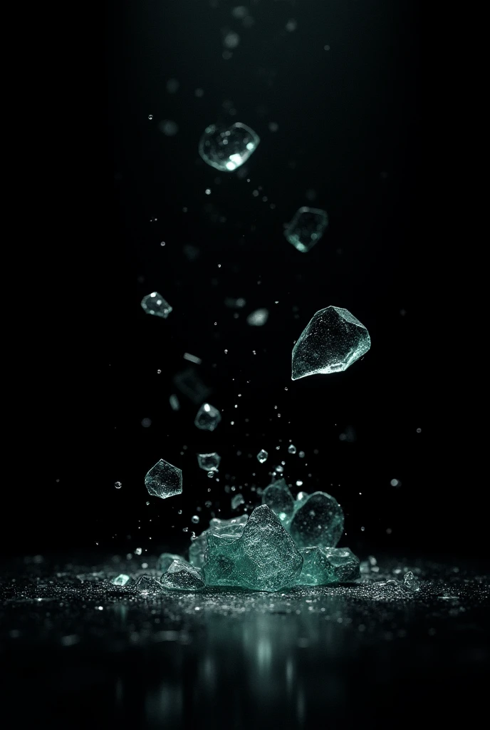 Shards of glass broken into several pieces in a completely dark environment where only the shards can be seen