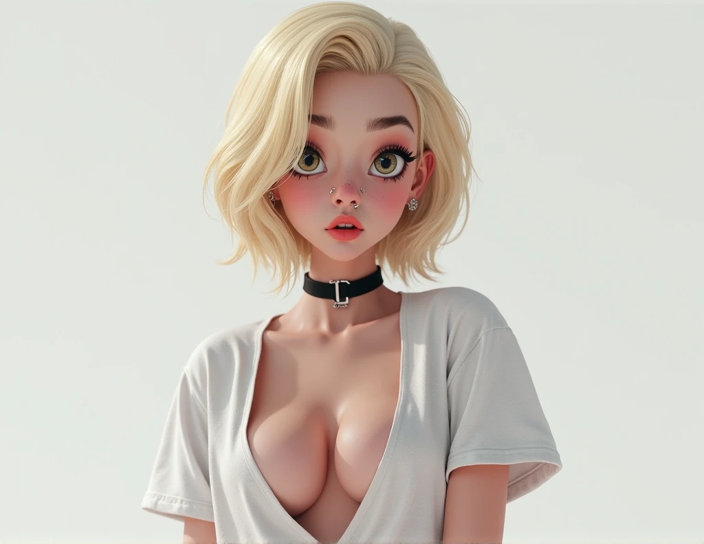 one girl, solo, (abs:1.4), slender body, fit body, (upper body, bust:1.2), (black eyes:1.3), blonde hair, (two cute braids:1.2), (bare shoulders:1.2), masterpiece, highly detailed, look at viewer, front view, (small breasts, tiny breasts, male chest, exposed breasts, deep cleavage:1.5), (transparent white tank top, wet tank top, choker:1.4), (studio lights, blured background, glowing edges of image, shiny blured background, gradient sprayed background, colorful background:1.3), expressing joy, (nipples:1.1)