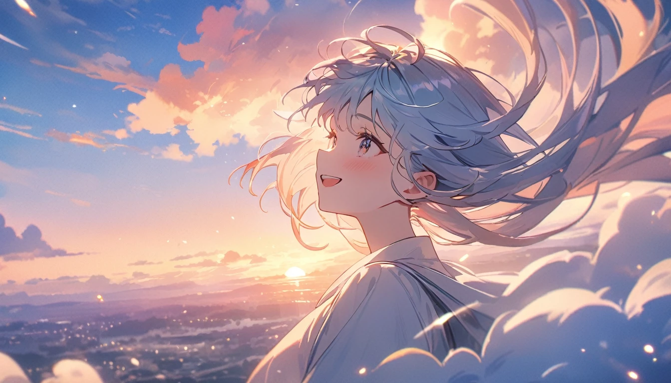 masterpiece, Highest quality, Movie stills, 1 person, Cloud Girl, Floating in the sky, close, bright, Happy, Warm and soft lighting, sunset, (spark:0.7)