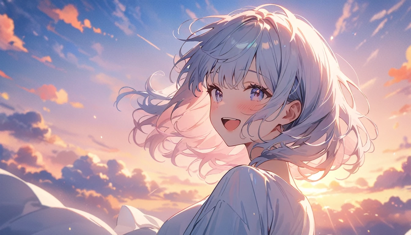 masterpiece, Highest quality, Movie stills, 1 person, Cloud Girl, Floating in the sky, close, bright, Happy, Warm and soft lighting, sunset, (spark:0.7)