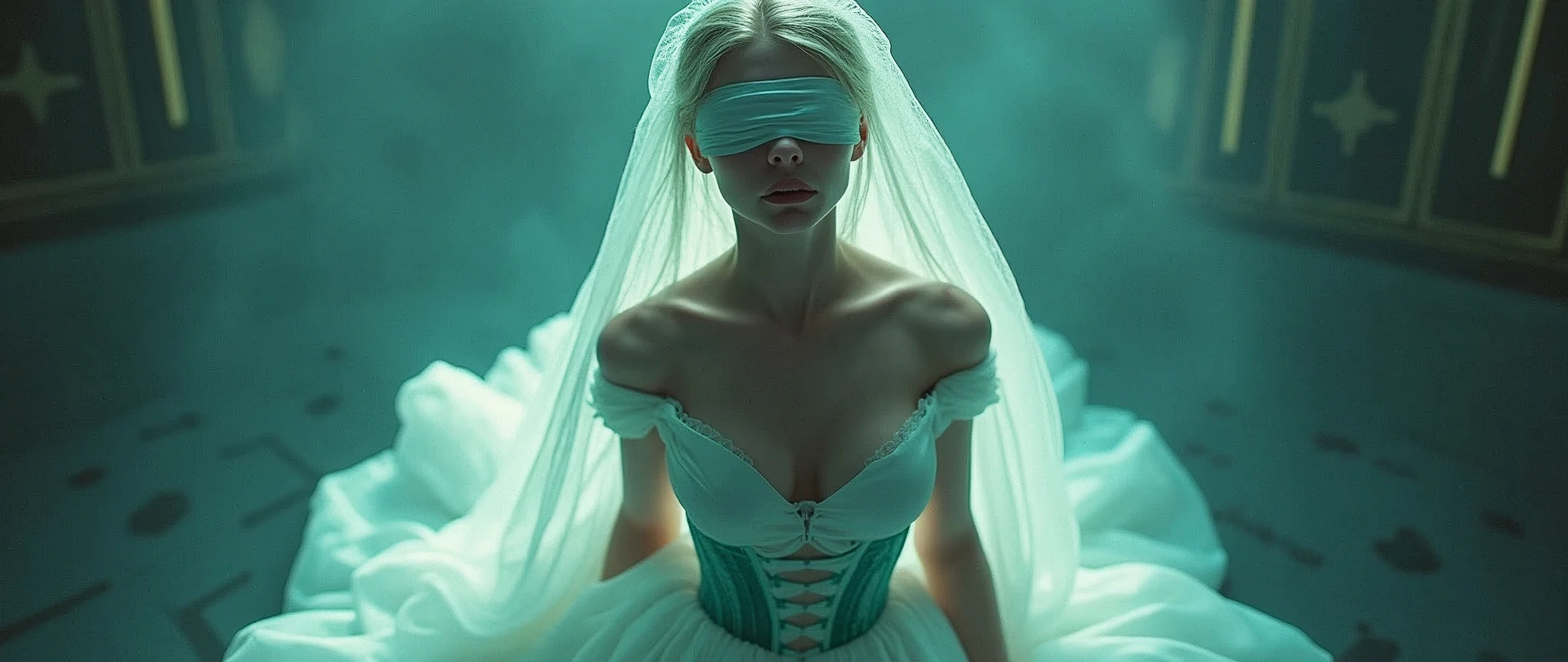 Bird´s-eye view, blindfolded White french woman with super extremly tight tiny waist and see through sheer turquoise corset, beautiful ta dress with petticoat, blindfolded and a long white veil, Bird´s-eye view, sf, intricate artwork masterpiece, ominous, matte painting movie poster, golden ratio, trending on cgsociety, intricate, epic, trending on artstation, by artgerm, h. r. giger and beksinski, highly detailed, vibrant, production cinematic character render, ultra high quality model