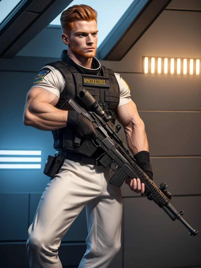 Ultra-detail, (highres:1.1), best quality, (masterpiece:1.3), handsome 23yo ginger male model posing as starship officer, wearing a rifle,, fit muscled, perfect biceps, thin waist, perfect jawline, modern haircut, dynamic posture posing full-body from side looking forward,