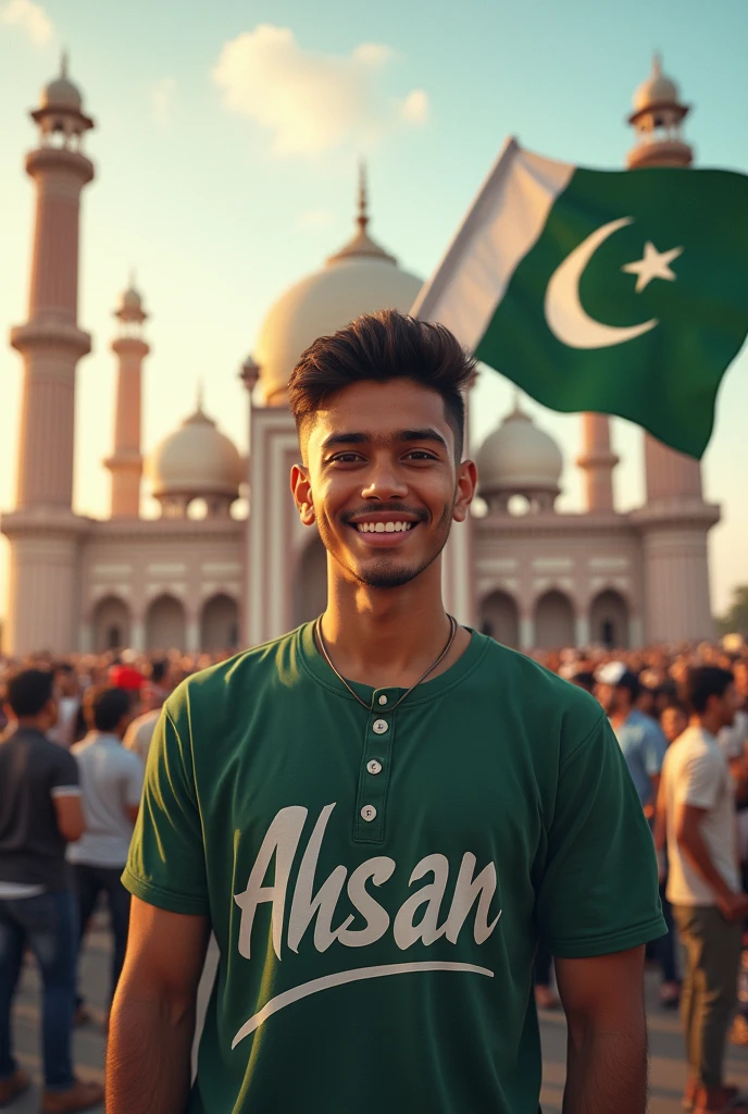 Hot hot 21 year old young boy with simple face smile cool hair style
he catch a Pakistani flag on his hand type his name on his shirt"Ahsan" and stand behind badshahi masjid with rush of peoples