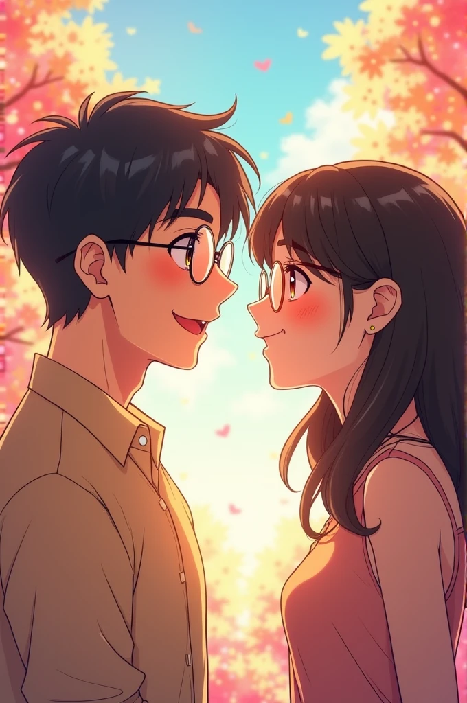 I want an anime couple with a man with thick eyebrows and round glasses and a girl with bangs also wearing round glasses.both happy