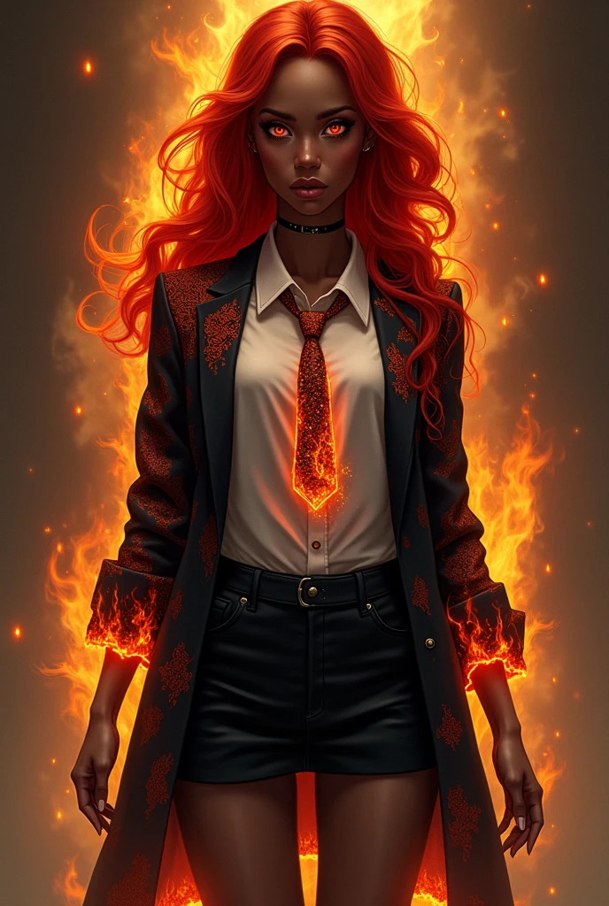 a dark-skinned woman with long, wavy red hair with orange highlights; she wears a sleeveless button-down blouse, over it she wears a black open blazer with flame patterns, she wears a tie made of flames, she wears a black miniskirt and underneath she wears black knee-length pants. She is barefoot, her eyes are orange