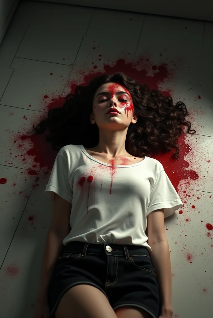 (photorealism:1.2), beautiful and hot woman, curly hair, beautiful body and legs, beautiful nose, thin face details, beautiful face, Closed eyes, like dead on floor, lying, sexy pants white t-shirt and Black shorts, hiper realistic, hiper detailed, she is falled out with 1 gun shot in head, blood near The body, 
blood dripping from head and mouth

