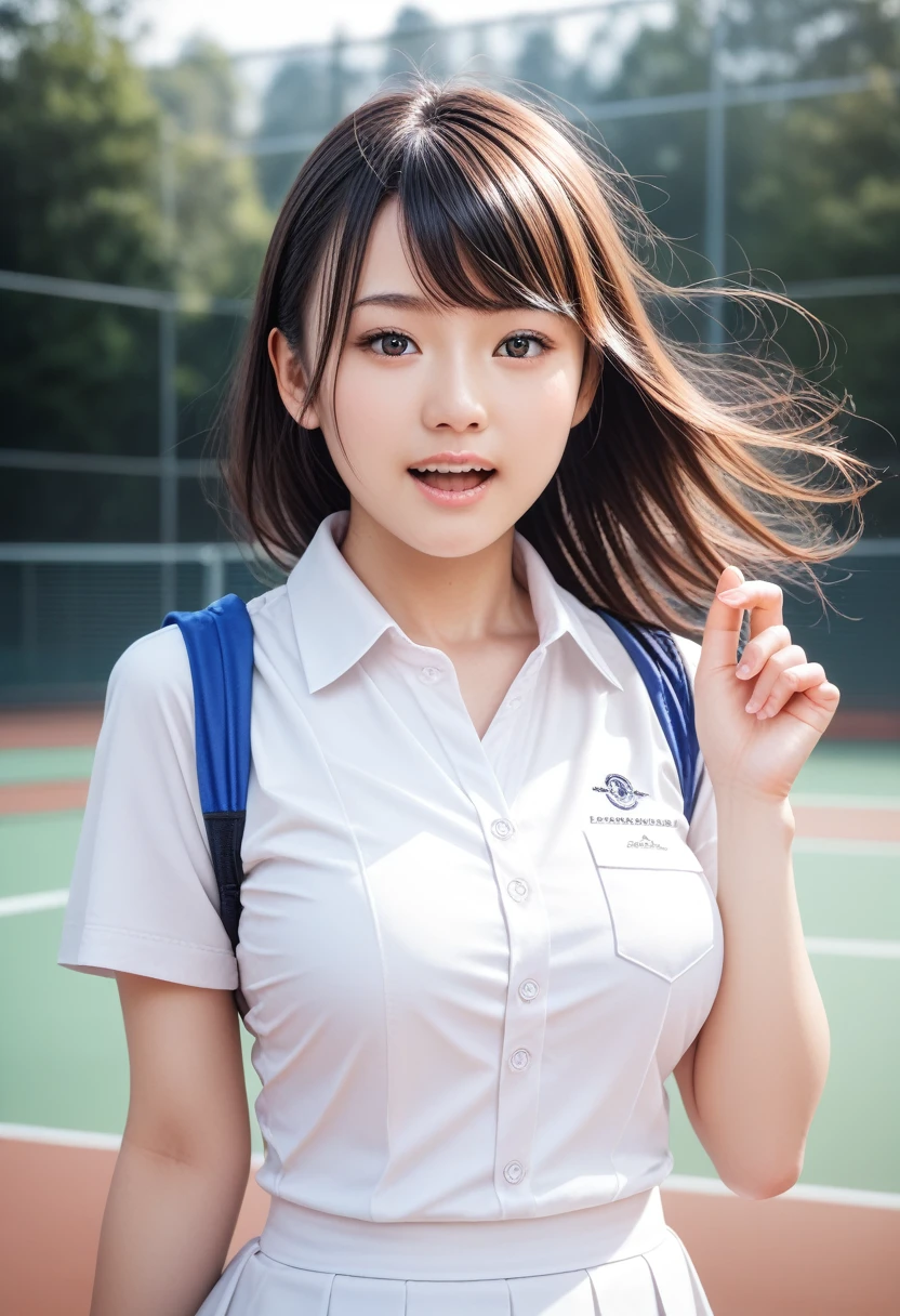 8k, raw photo, best quality, masterpiece, realistic, photo realistic, clear, professional lighting, beautiful face, best quality,ultra high res, realistic japanese beautiful, Super detailed, detailed fingers, solo,  student, upper teeth, indoor, swept bangs, floating hair, detailed hair, medium , curvy, scenery,  ribbon tennis uniform