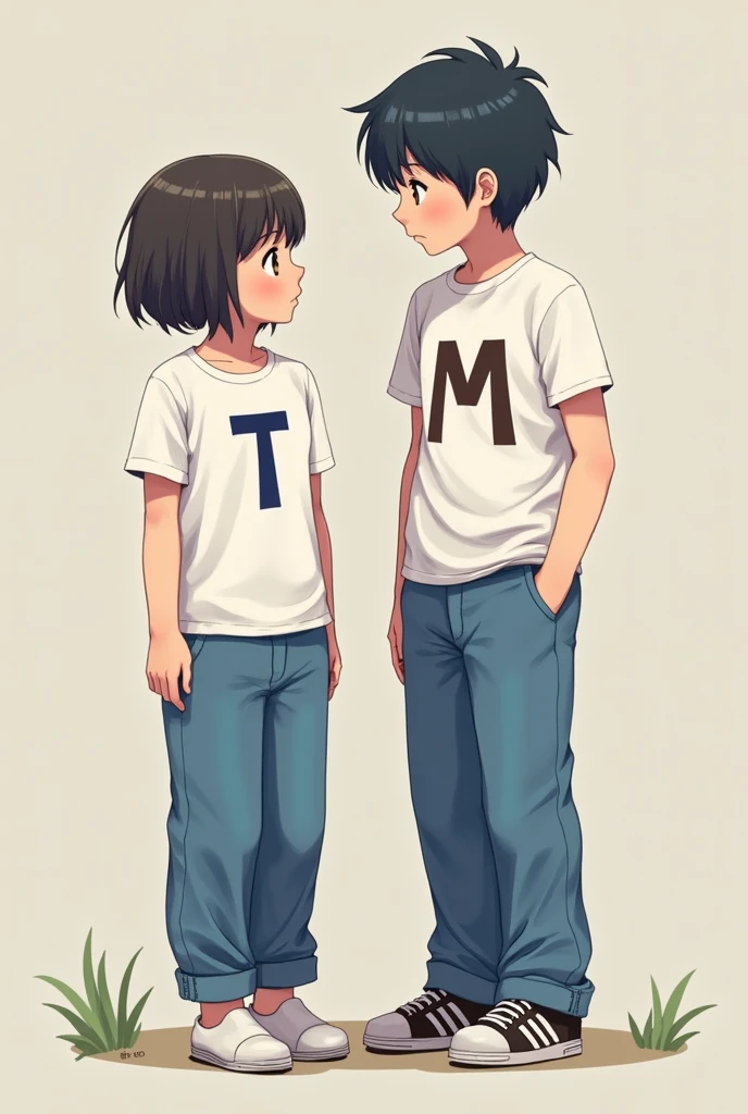 A girl cut hari shot wear blue colour trouser white colour k letter t-shirt near a boy in short wear blue colour trousers white colour M letter t-shirt