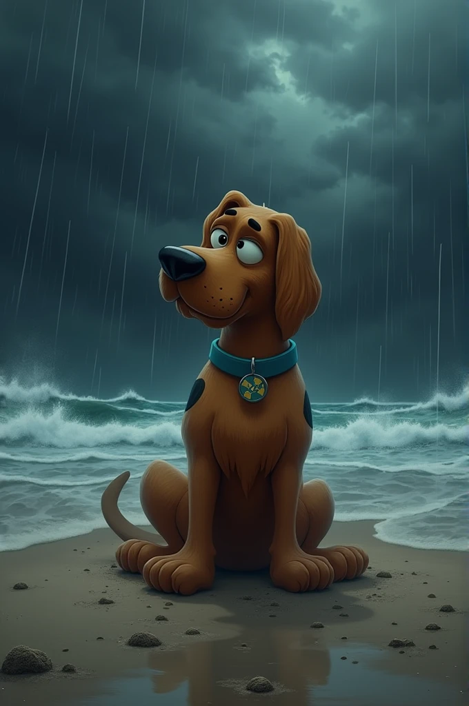 Sad Scoobdoo Dog on the Beach Raining with Storm