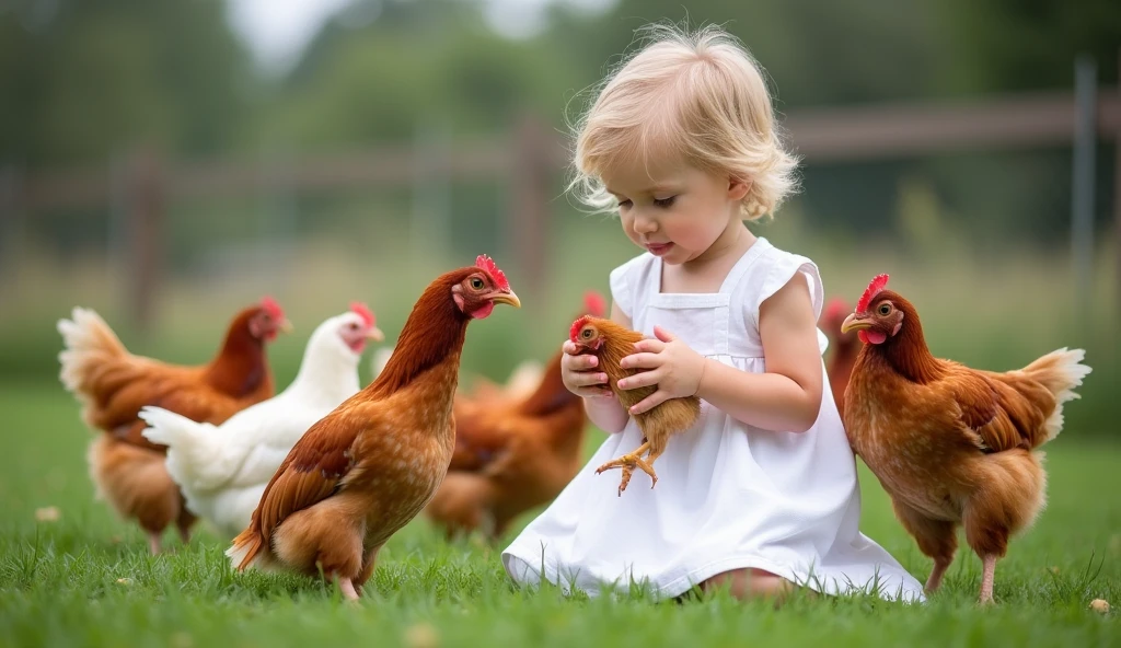 The image shows a young child, probably around 2-3 years old, kneeling on a grassy field with a group of chickens. The child is wearing a white dress and has blonde hair. They are holding a small chicken in their hands and appear to be feeding it. There are several chickens around them, some of which are brown and some are white. In the background, there are more chickens and a fence. The overall mood of the image is peaceful and serene.