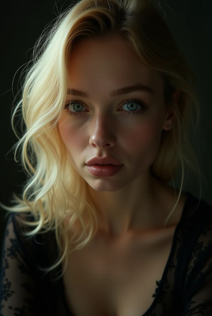 (((ultra realistic))) Photo, masterpiece, top quality, (pale skin), (Ultra detailed face and eyes:1.3), 1 girl, ((Adult)) , naked, (Eye makeup, mascara), ((sensual and thin lips)), ((blonde elegant fixed hair)), ((elegant Stylish hairstyle)) , ((deep blue eyes)), (Natural breasts). ((Posing)), photoshoot, (Soft) Lighting, (The play of light and shadows in a dark room), depth of field, bokeh, (special attention to skin detail: 1.2), Detailed leather texture, skin pores. (Warm atmosphere of the frame. color scheme - black, Red, green tones), UDR, ((Film grain)), (moon rays), ((open full body view, extemely detailed)) , ultra detailed, naive sexy woman, translucent blouse, slim long leg