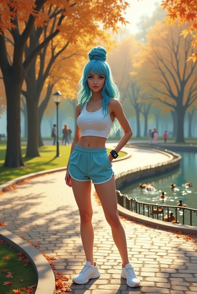 20 years old young girl with blue and white hair, long flowing blue hair, very long wavy azure blue hair, long blue hair, beautiful woman with blue hair, flowing blue hair, beautiful blue-haired girl, pretty girl with blue hair, long azure blue hair, blue long hair, very long blue hair, girl with blue hair, blue hairstyle, tall, beautiful, athletic figure, medium round breasts, green eyes, (best quality, 4k, 8k, high definition), ultra detail, detailed face and facial features, beautiful detailed eyes, beautiful detailed lips, extremely detailed eyes and face, long eyelashes, graceful triangular face, classic lip shape, small graceful nose, super realistic, standing confidently in a park, wearing a white crop top and sky-blue shorts. Her hair is styled in a high bun with a few loose strands framing her face. A peaceful and well-maintained park during early autumn. The scene features a wide, winding path made of cobblestones, flanked by tall, mature trees with leaves turning shades of orange, yellow, and red. A few benches are scattered along the path, some occupied by people reading or relaxing. On one side, there's a small pond with clear water reflecting the colorful trees and a family of ducks swimming near the edge. In the background, you can see a large open green lawn where children are playing with a ball. There’s also an old-fashioned lamppost next to the path, and a few fallen leaves scattered on the ground. The sky is partly cloudy, allowing rays of sunlight to filter through the branches, creating a warm and inviting atmosphere. The park is surrounded by a low wrought-iron fence with ivy growing along it, adding to the charm and tranquility of the setting. The girl is wearing white running shoes, and a smartwatch is visible on her wrist.
