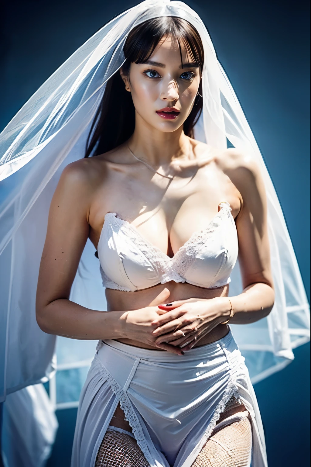 Naked Bride." shape, Big Breasts, Beautiful nipples, Perfect body, whole body , Church wedding, (((There were many participants behind her...))). (((white transparent wedding dress, Cape, Veil, Transparent Micro Panties, Transparent Micro Bra, Fishnet tights.))) . Thick pubic hair. ,(Highest quality, 4K, 8k, High resolution, Tabletop:1.2), Very detailed, (Realistic, Realistic, Realistic:1.37), Royal, Fascinating, (Vibrant colors, Sharp Chest:1.1), Soft lighting"Writhing expression. The most beautiful woman in town.
